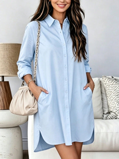 Women's Long Sleeve Button Down High-Low Hem Shirt Dress
