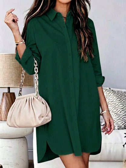 Women's Long Sleeve Button Down High-Low Hem Shirt Dress