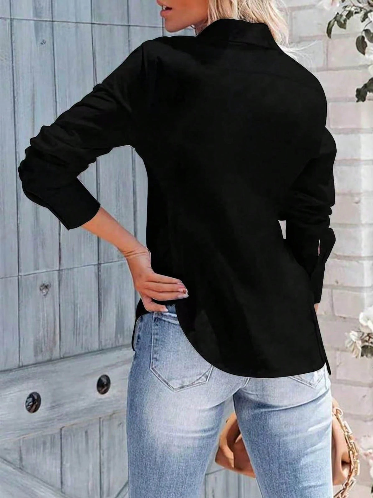 Women's Long Sleeve Button-Up Shirt- Ruched Collar Waist-Defining Slim Fit Top Black