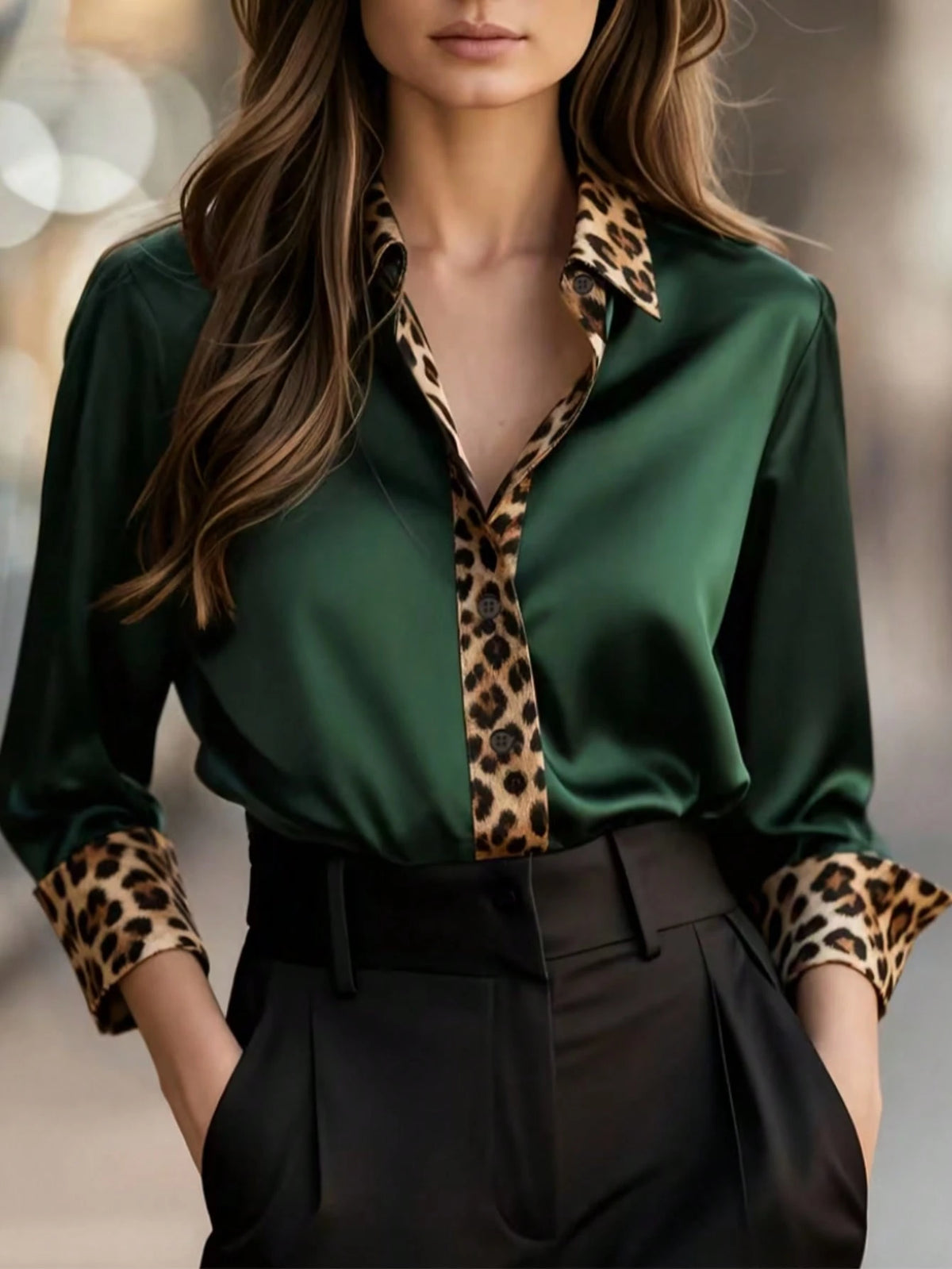 Women's Long Sleeve Leopard Print Patchwork Button-Up Elegant Shirt Spring
