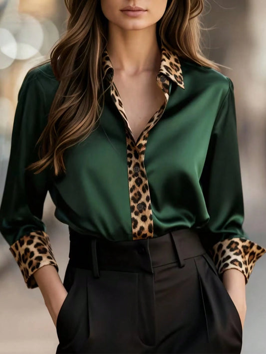 Women's Long Sleeve Leopard Print Patchwork Button-Up Elegant Shirt Spring