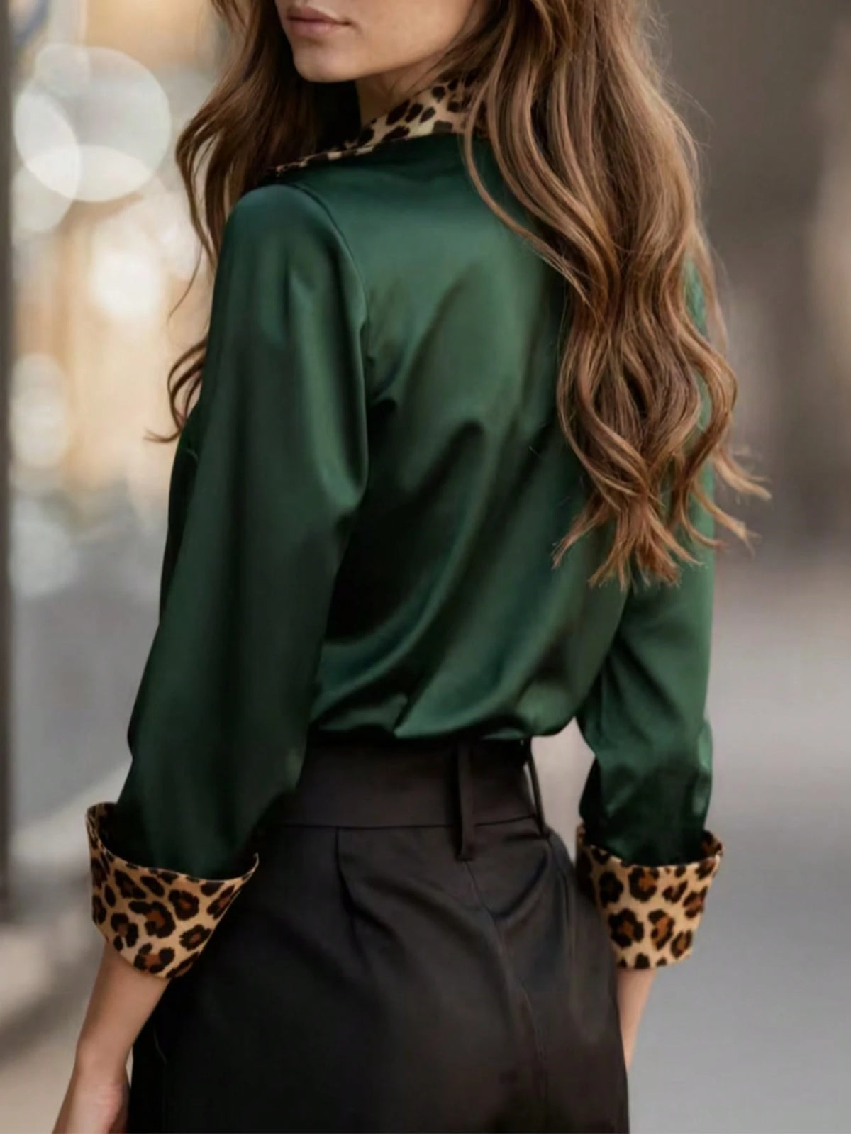 Women's Long Sleeve Leopard Print Patchwork Button-Up Elegant Shirt Spring