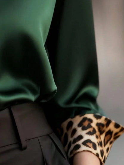 Women's Long Sleeve Leopard Print Patchwork Button-Up Elegant Shirt Spring