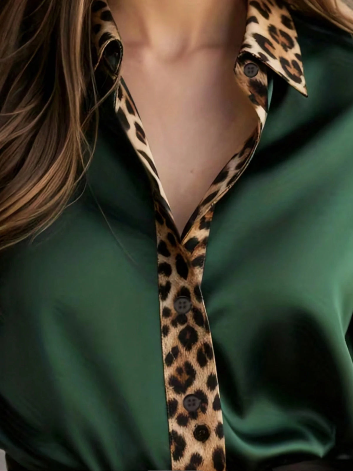 Women's Long Sleeve Leopard Print Patchwork Button-Up Elegant Shirt Spring