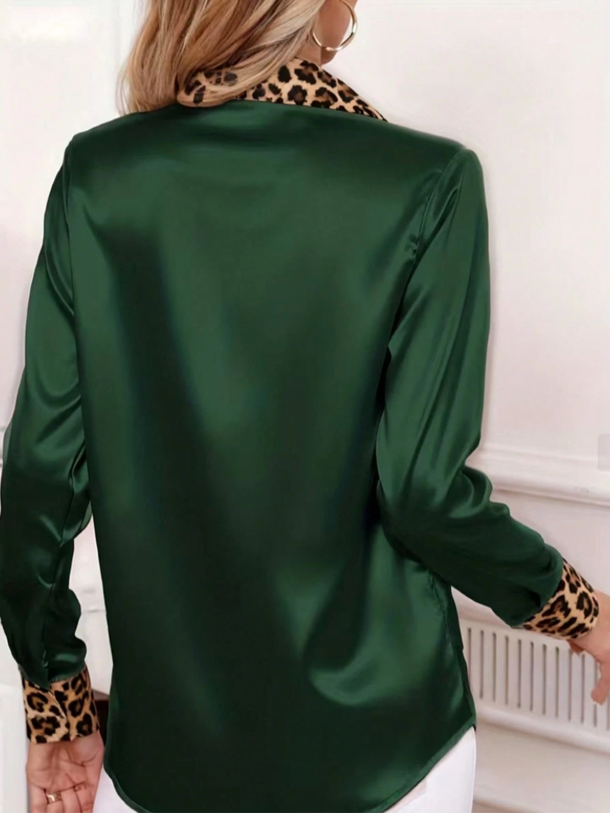 Women's Long Sleeve Leopard Print Patchwork Button-Up Elegant Shirt Spring