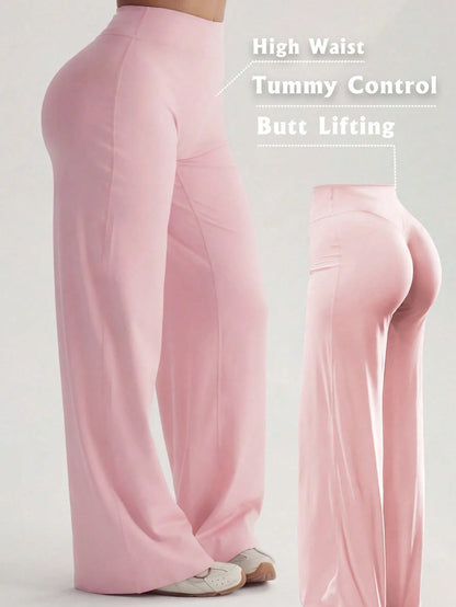 Women's Minimalist High Waist Sports Fitness Running Wide Leg Pants, Comfortable Casual Leggings, High Stretch Flared Commuting Yoga Trousers Pink