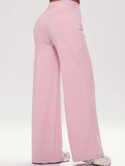Women's Minimalist High Waist Sports Fitness Running Wide Leg Pants, Comfortable Casual Leggings, High Stretch Flared Commuting Yoga Trousers Pink