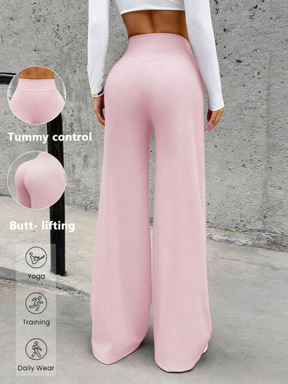 Women's Minimalist High Waist Sports Fitness Running Wide Leg Pants, Comfortable Casual Leggings, High Stretch Flared Commuting Yoga Trousers Pink