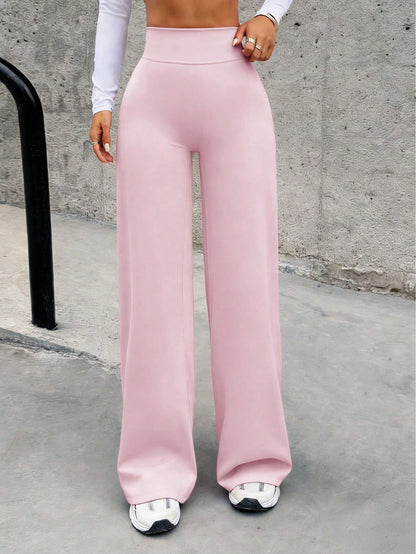 Women's Minimalist High Waist Sports Fitness Running Wide Leg Pants, Comfortable Casual Leggings, High Stretch Flared Commuting Yoga Trousers Pink