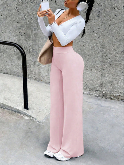 Women's Minimalist High Waist Sports Fitness Running Wide Leg Pants, Comfortable Casual Leggings, High Stretch Flared Commuting Yoga Trousers Pink