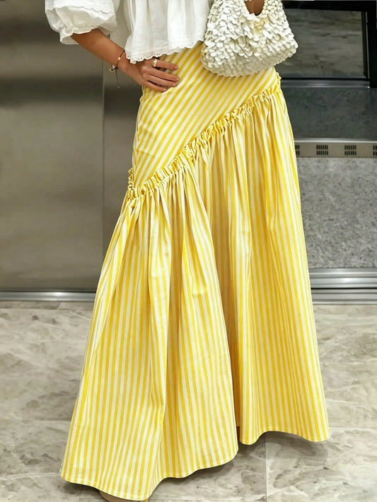 Women's New Fashion Loose A-Line Japanese Style Striped Patchwork Slimming Casual Pleated Versatile Exquisite Niche Skirt Yellow
