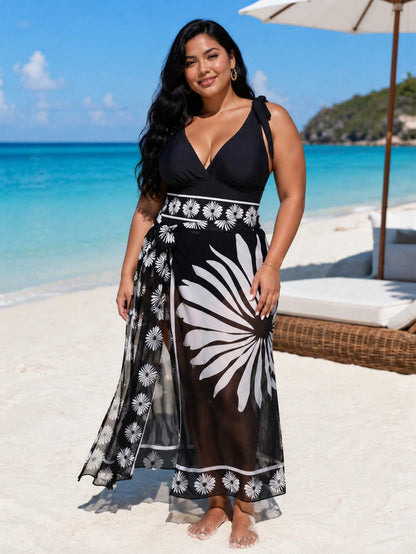 Women's New Plus Size Black And White Printed Backless Slimming One-Piece Swimsuit With Same Color Mesh Lace Up Half Body Long Skirt Set