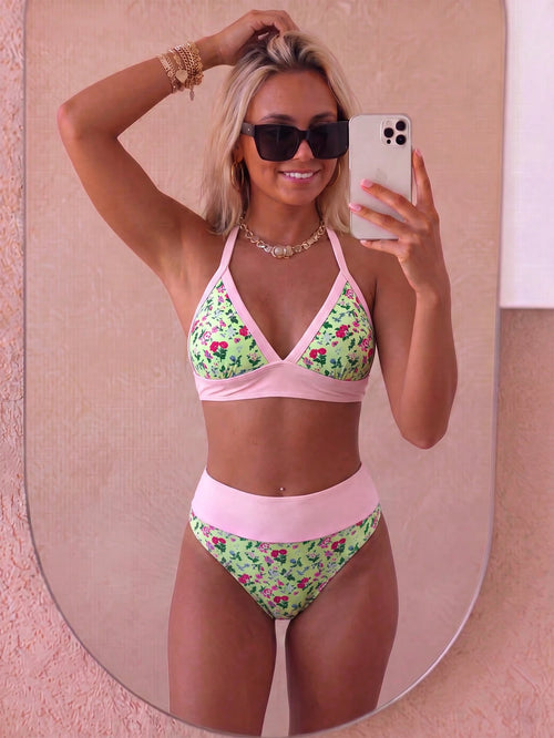 Women's New Small Floral Print Contrasting Triangle Neck Bikini 2 Pieces Set Vacation