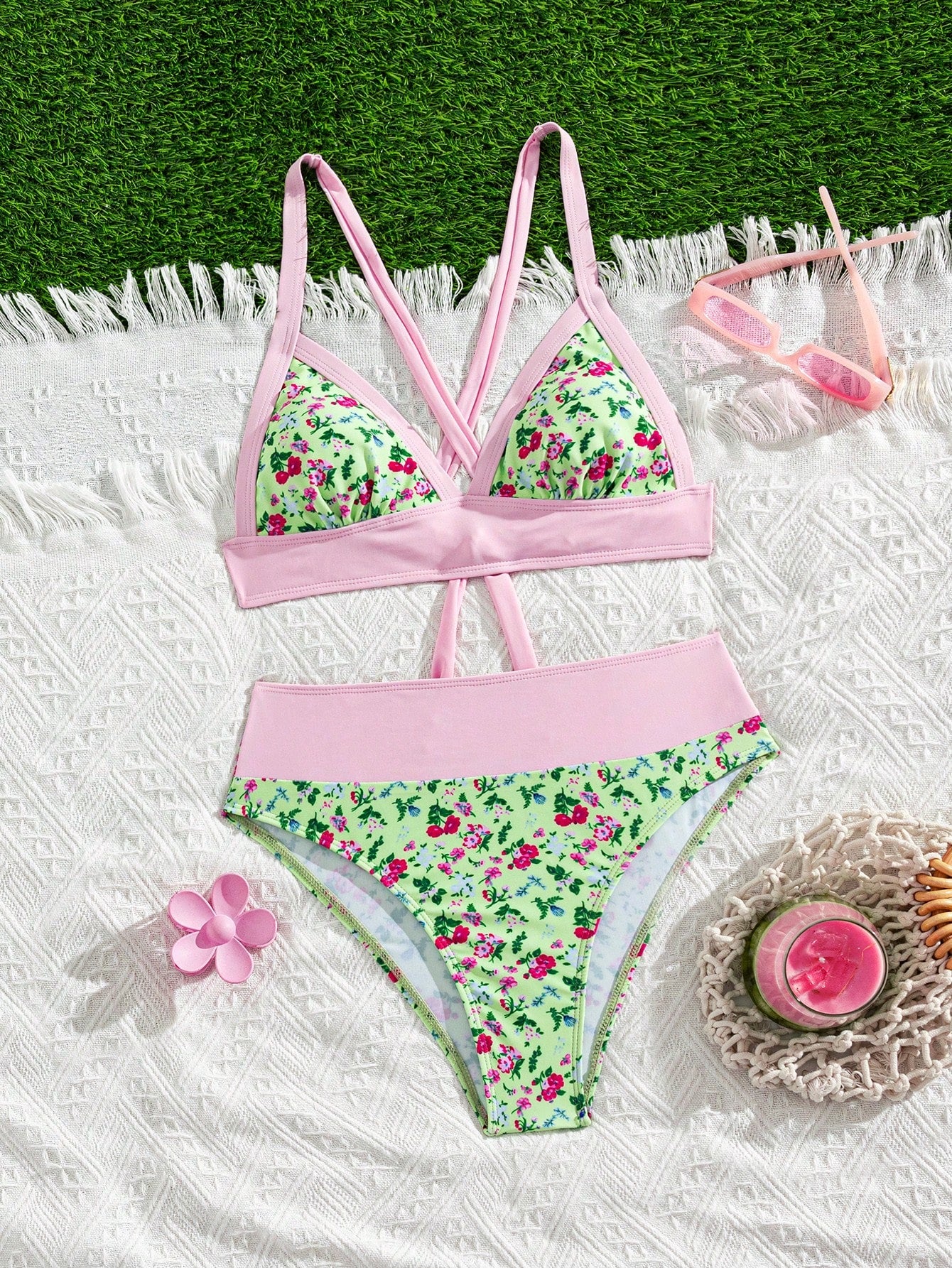Women's New Small Floral Print Contrasting Triangle Neck Bikini 2 Pieces Set Vacation