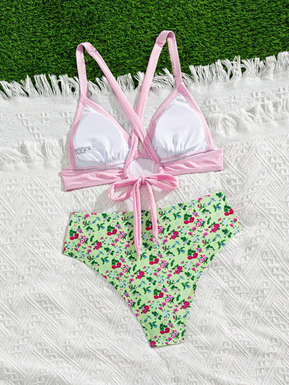 Women's New Small Floral Print Contrasting Triangle Neck Bikini 2 Pieces Set Vacation
