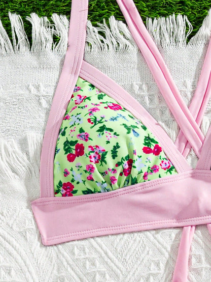 Women's New Small Floral Print Contrasting Triangle Neck Bikini 2 Pieces Set Vacation