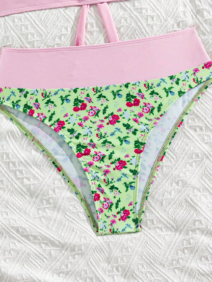 Women's New Small Floral Print Contrasting Triangle Neck Bikini 2 Pieces Set Vacation