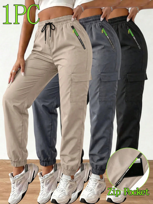 Women's Outdoor Cargo Pants, Lightweight Casual Sports Trousers With Large Pockets For Spring/Summer, Suitable For Outdoor Hiking And Daily Wear, With Zipper Pockets And Drawstring