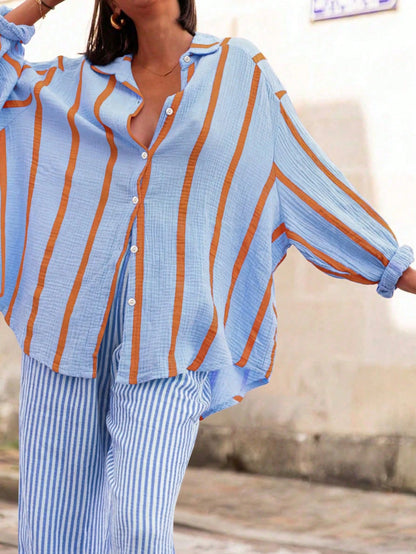 Women's Pink Stripe Loose Blouse, Elegant Casual Top Suitable For Commuting, Daily Wear, Valentine's Day, Outdoor, Spring/Summer, Birthday Gift