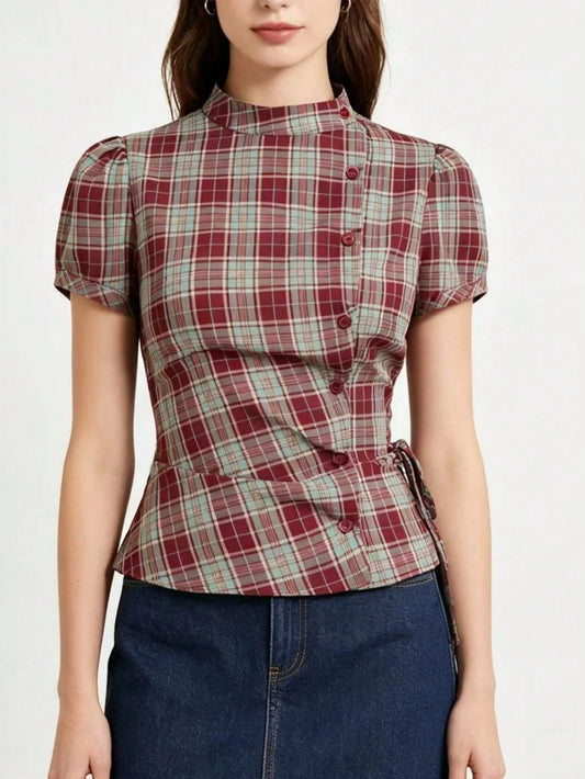 Women's Plaid Collar Puff Sleeve Tie-Up Button Front Blouse Summer Red