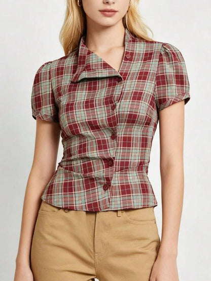 Women's Plaid Collar Puff Sleeve Tie-Up Button Front Blouse Summer Red