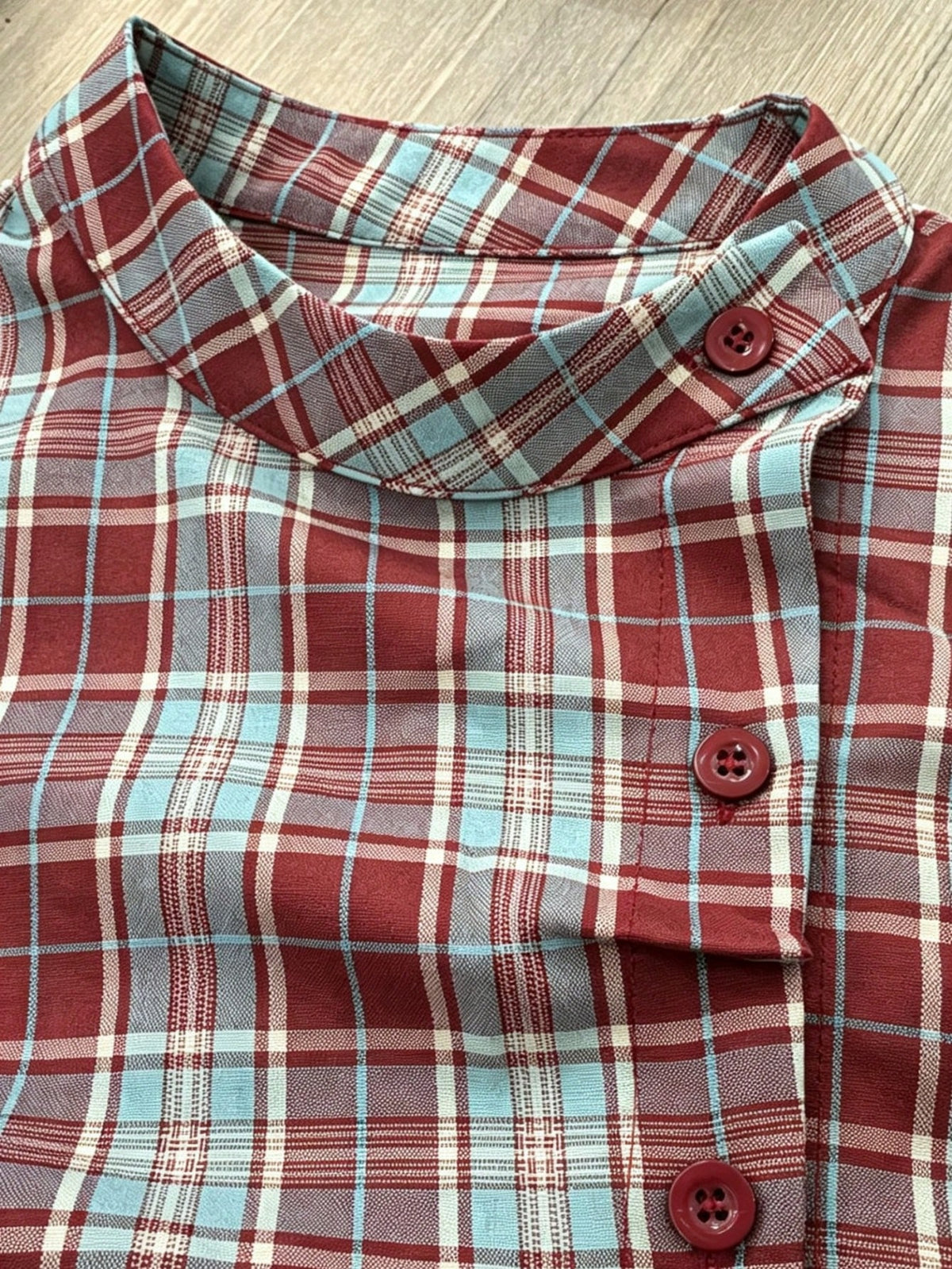 Women's Plaid Collar Puff Sleeve Tie-Up Button Front Blouse Summer Red
