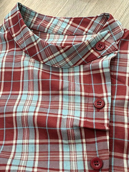 Women's Plaid Collar Puff Sleeve Tie-Up Button Front Blouse Summer Red