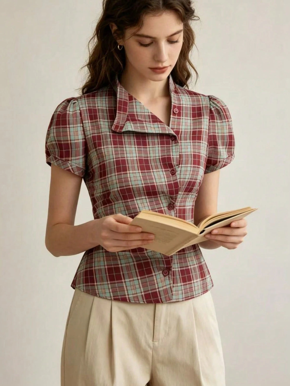Women's Plaid Collar Puff Sleeve Tie-Up Button Front Blouse Summer Red