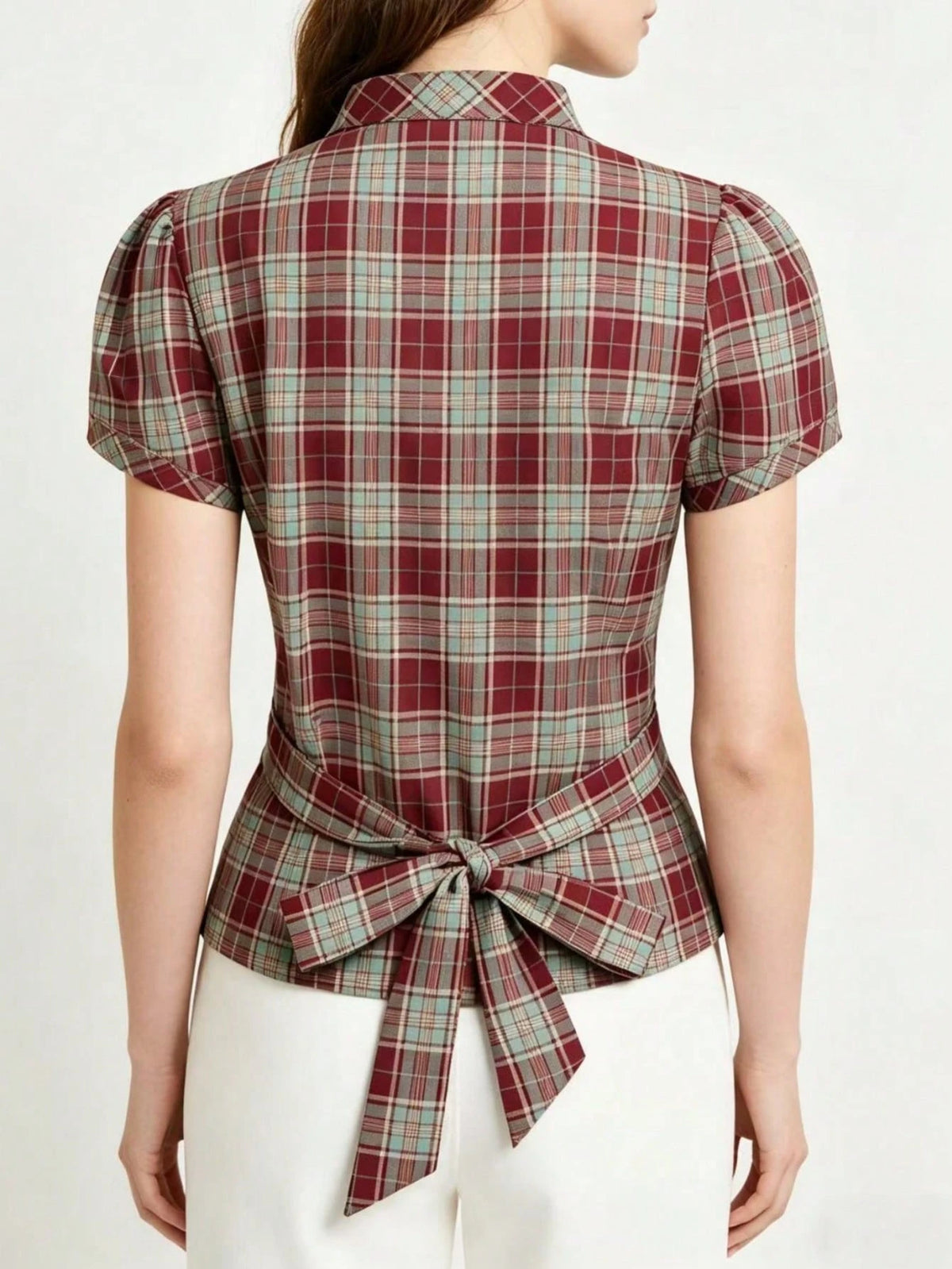 Women's Plaid Collar Puff Sleeve Tie-Up Button Front Blouse Summer Red