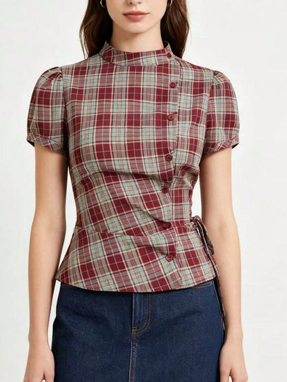 Women's Plaid Collar Puff Sleeve Tie-Up Button Front Blouse Summer Red