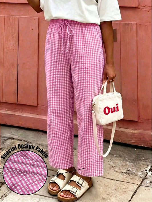 Women's Plaid Wide Leg Pants With Bow Waist, Summer Bohemian Style Long Pants, Suitable For Back To School, Commuting, Beach And Daily Wear