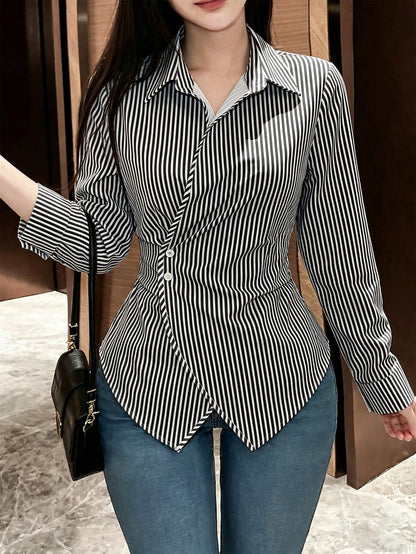 Women's Plain Color Long Sleeve Wrap Blouse, Spring Autumn Women Shirt