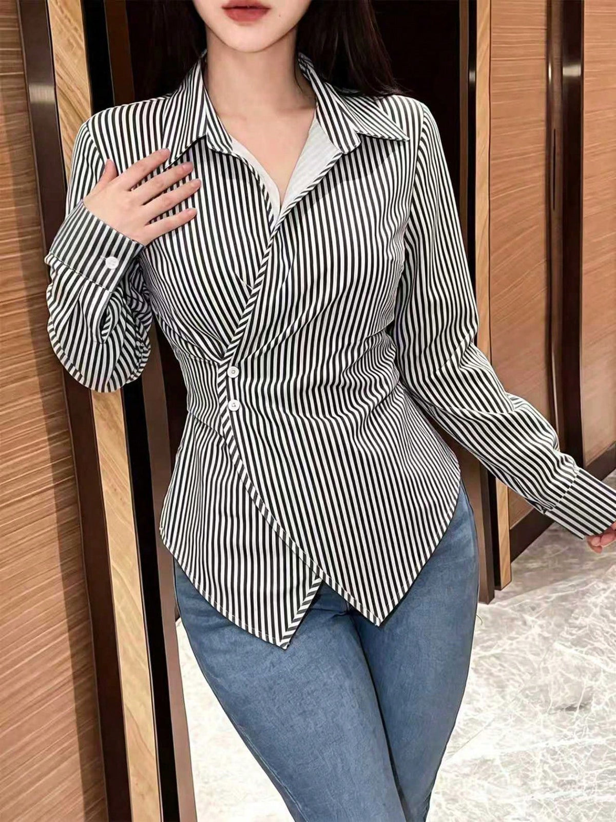 Women's Plain Color Long Sleeve Wrap Blouse, Spring Autumn Women Shirt
