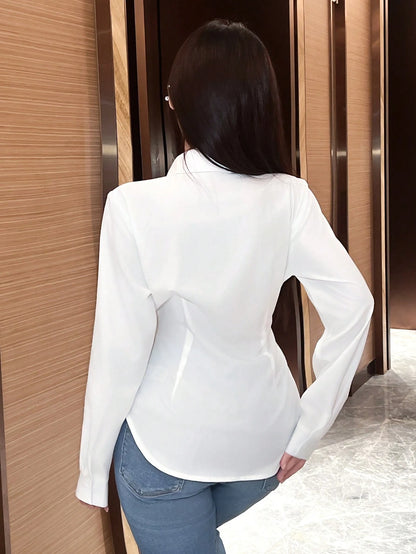Women's Plain Color Long Sleeve Wrap Blouse, Spring Autumn Women Shirt