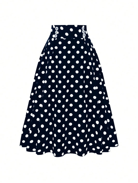 Women's Polka Dot Printed Waist Button Design Elegant Skirt