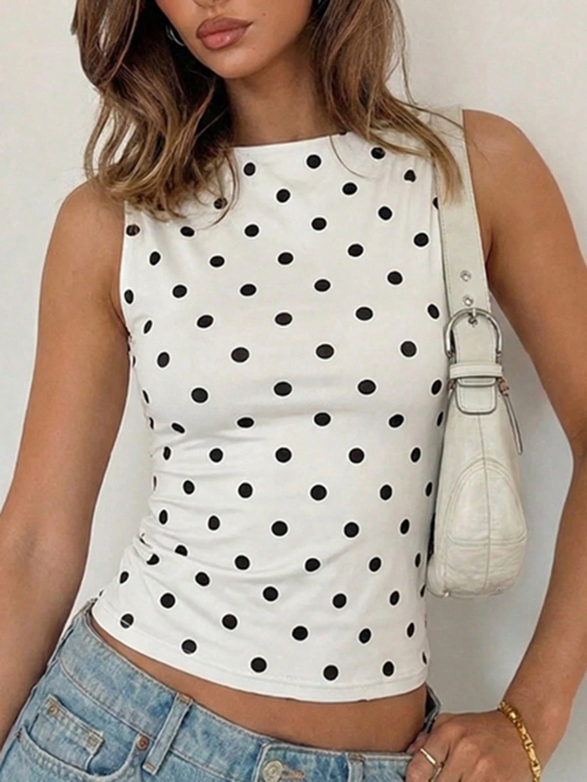 Women's Polka Dot Sleeveless Casual Tank Top, Sexy & Fashionable, Suitable For Street, Party, Nightclub Wear In Summer White