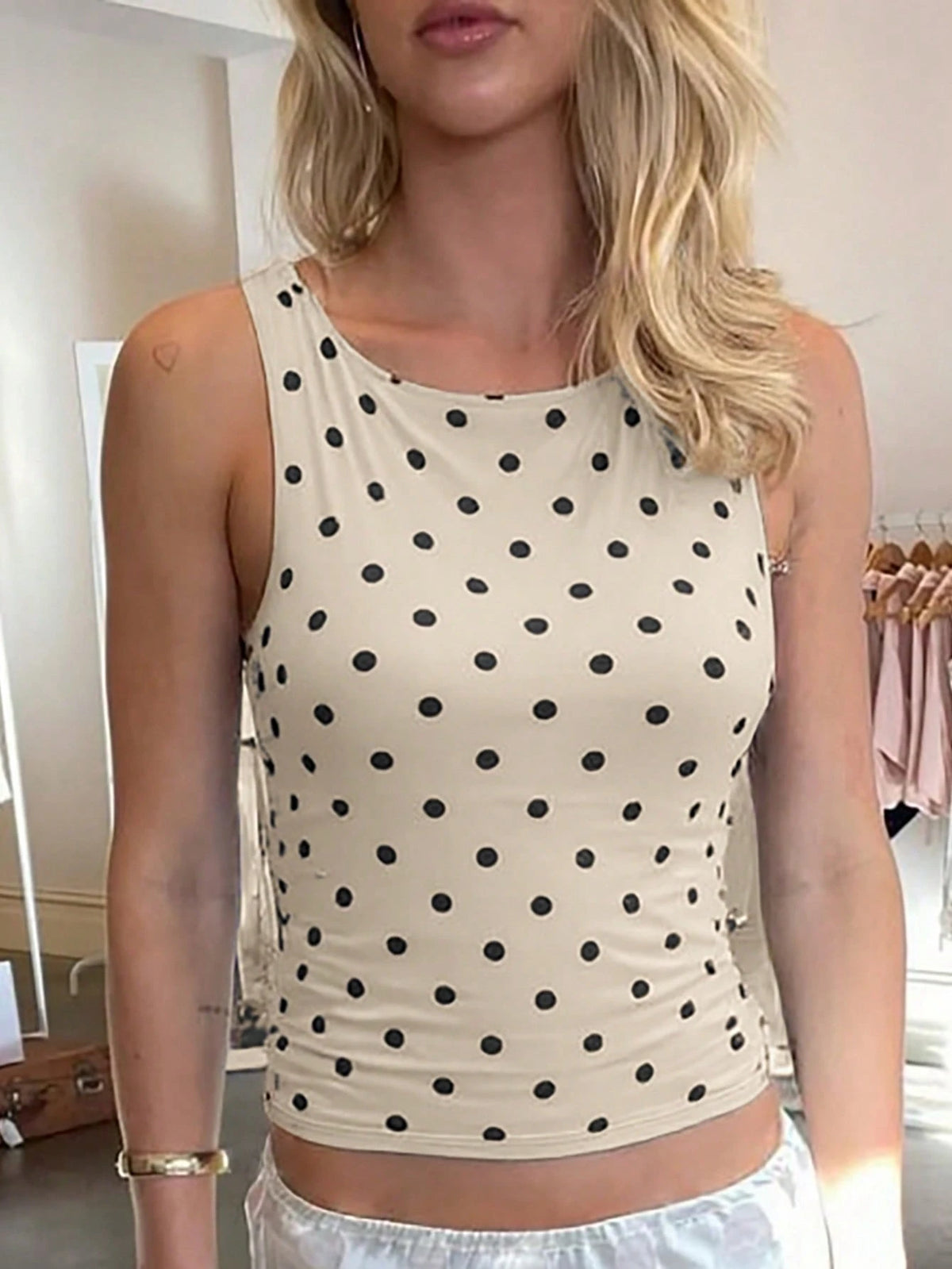 Women's Polka Dot Sleeveless Casual Tank Top, Sexy & Fashionable, Suitable For Street, Party, Nightclub Wear In Summer White