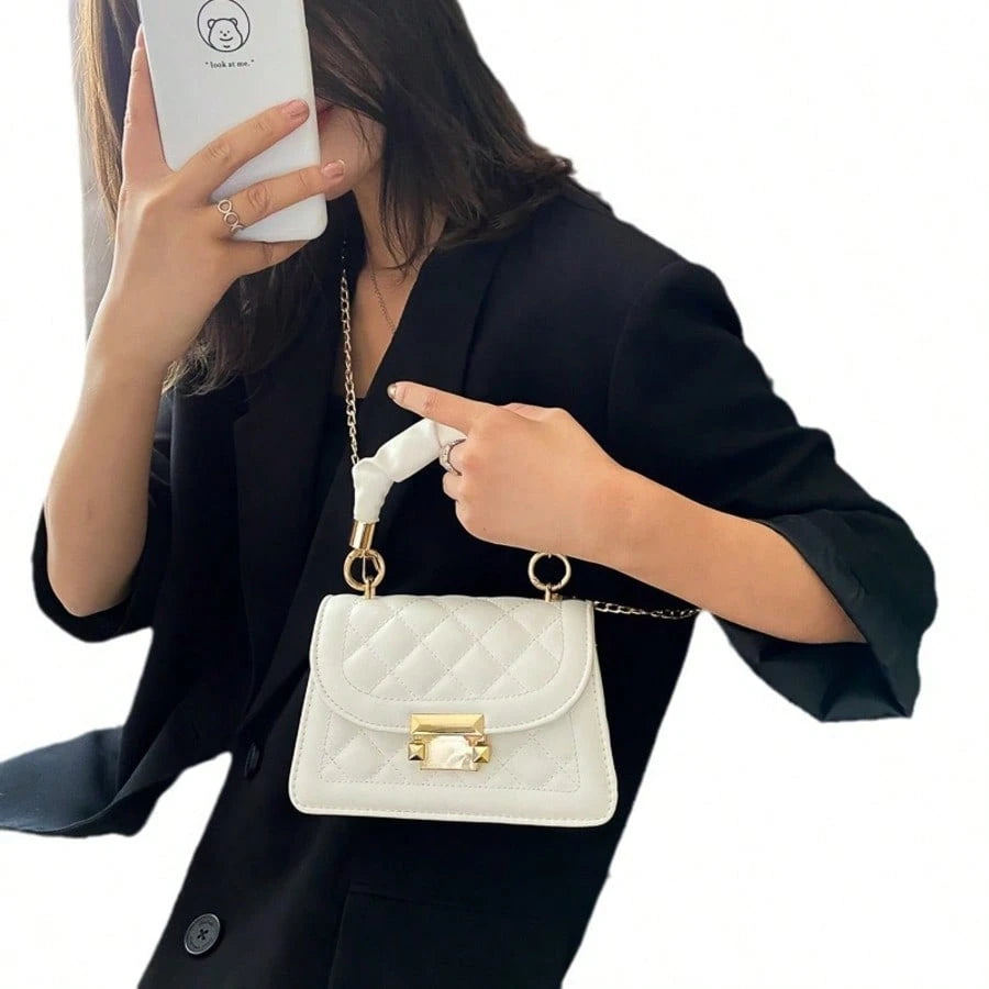 Women's Quilted Shoulder Bag,Handbag, PU Leather Metal Chain, Secure Clasp Closure