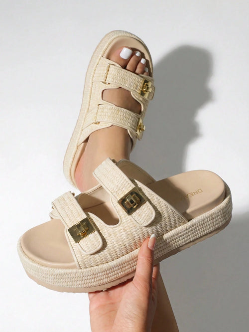 Women's Raffia Espadrilles 1.85-Inch Platform Sandals Comfortable Wedge Sandals Adjustable Buckle Cute Slide Beach Vacation Summer Shoes