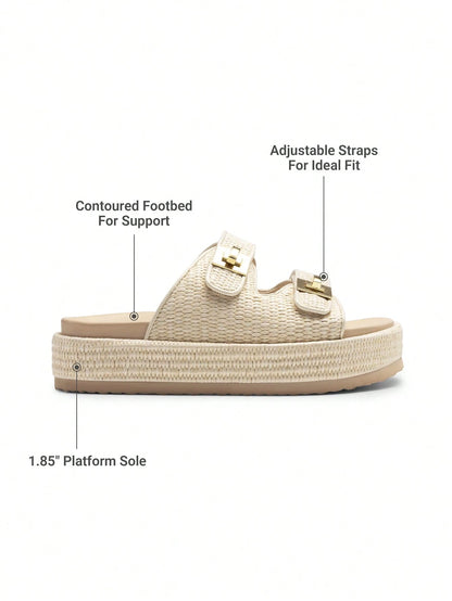 Women's Raffia Espadrilles 1.85-Inch Platform Sandals Comfortable Wedge Sandals Adjustable Buckle Cute Slide Beach Vacation Summer Shoes