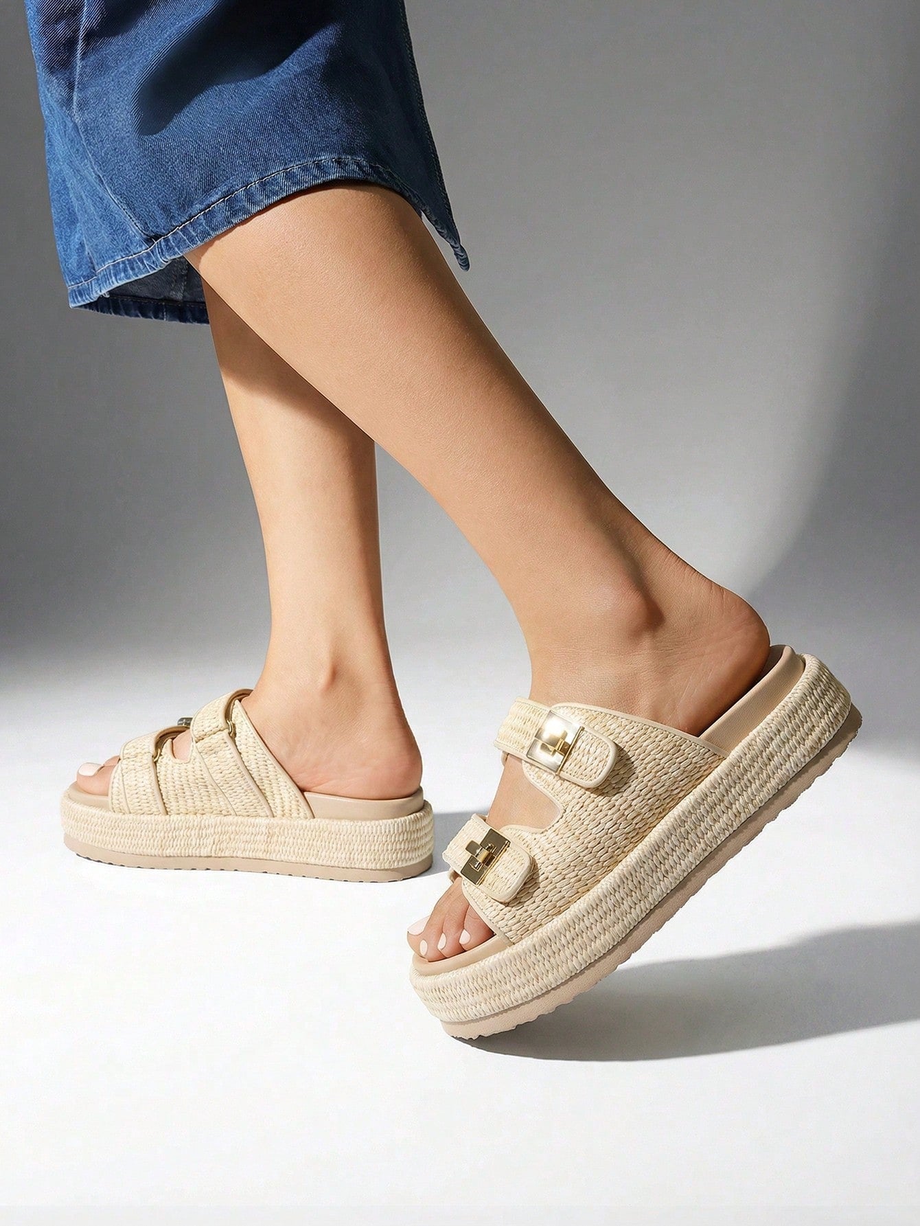 Women's Raffia Espadrilles 1.85-Inch Platform Sandals Comfortable Wedge Sandals Adjustable Buckle Cute Slide Beach Vacation Summer Shoes