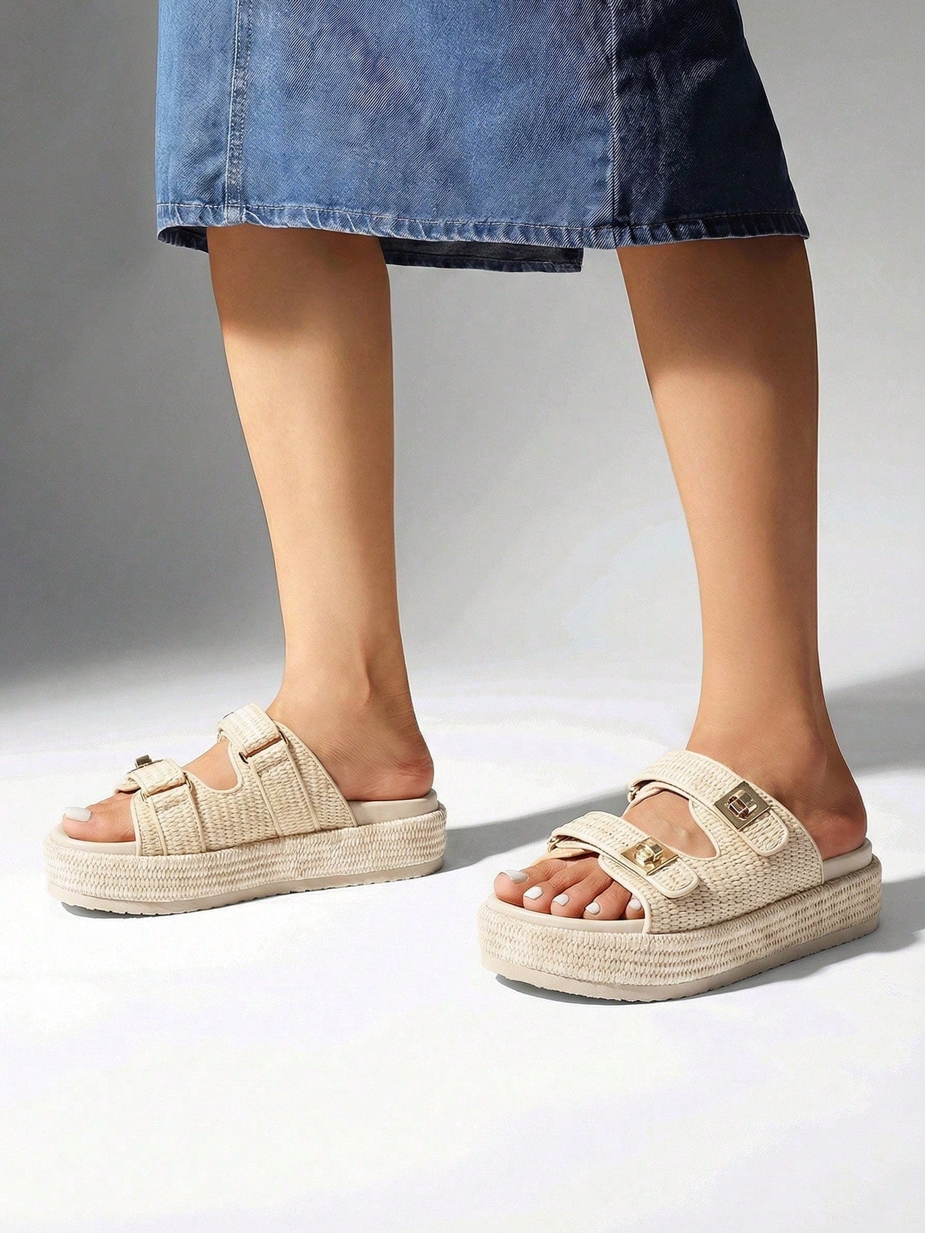 Women's Raffia Espadrilles 1.85-Inch Platform Sandals Comfortable Wedge Sandals Adjustable Buckle Cute Slide Beach Vacation Summer Shoes