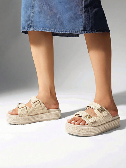 Women's Raffia Espadrilles 1.85-Inch Platform Sandals Comfortable Wedge Sandals Adjustable Buckle Cute Slide Beach Vacation Summer Shoes