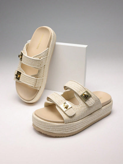 Women's Raffia Espadrilles 1.85-Inch Platform Sandals Comfortable Wedge Sandals Adjustable Buckle Cute Slide Beach Vacation Summer Shoes