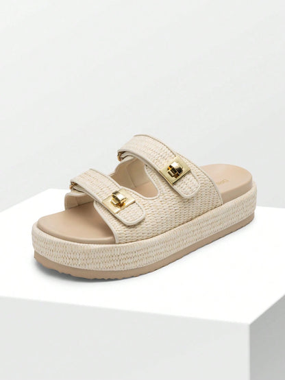 Women's Raffia Espadrilles 1.85-Inch Platform Sandals Comfortable Wedge Sandals Adjustable Buckle Cute Slide Beach Vacation Summer Shoes