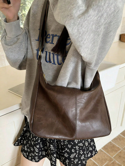 Women's Retro Maillard Crossbody Bag, New Korean Fashion Large Capacity Handbag