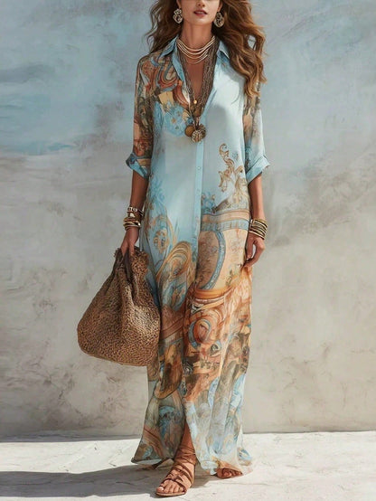 Women's Retro Scroll Print Chiffon Shirt Maxi Dress, 3/4 Sleeve Button Front Loose Vacation Long Dress, Elegant Wedding Guest Beach Cover Up Dress