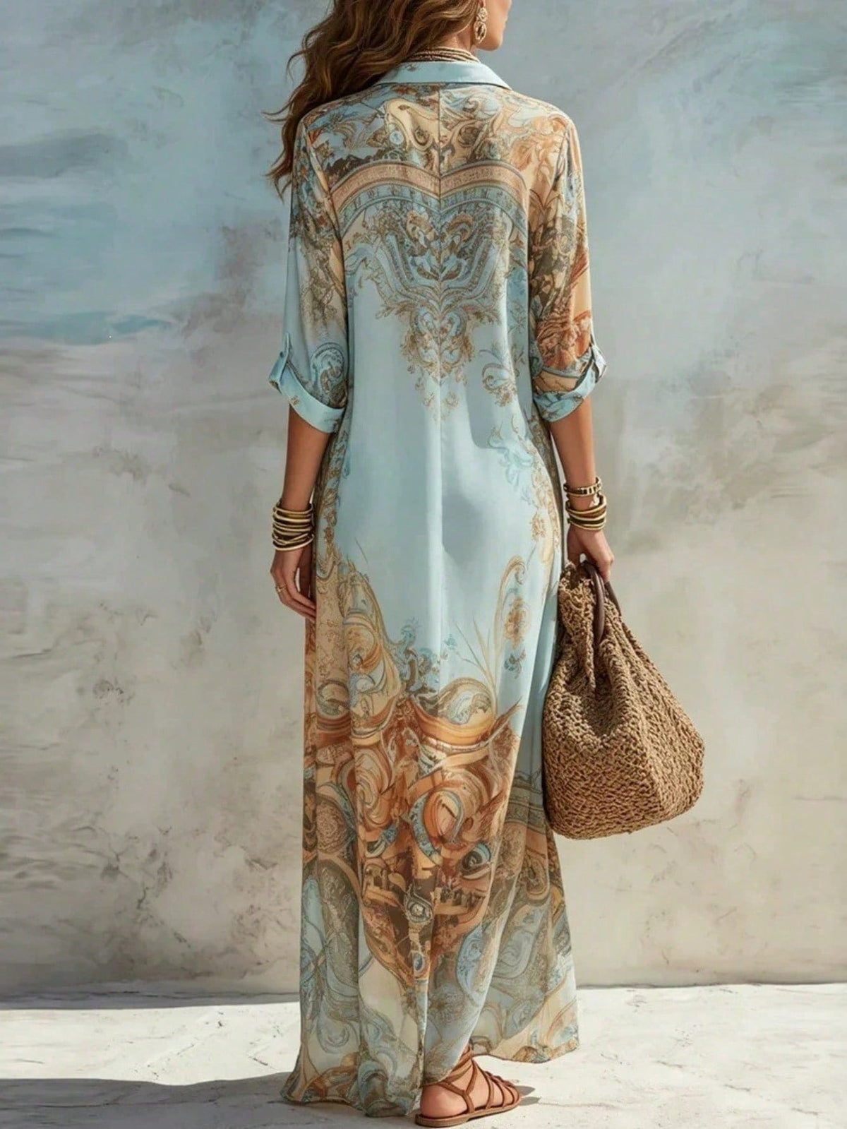 Women's Retro Scroll Print Chiffon Shirt Maxi Dress, 3/4 Sleeve Button Front Loose Vacation Long Dress, Elegant Wedding Guest Beach Cover Up Dress