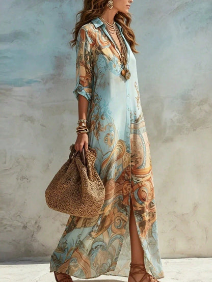 Women's Retro Scroll Print Chiffon Shirt Maxi Dress, 3/4 Sleeve Button Front Loose Vacation Long Dress, Elegant Wedding Guest Beach Cover Up Dress