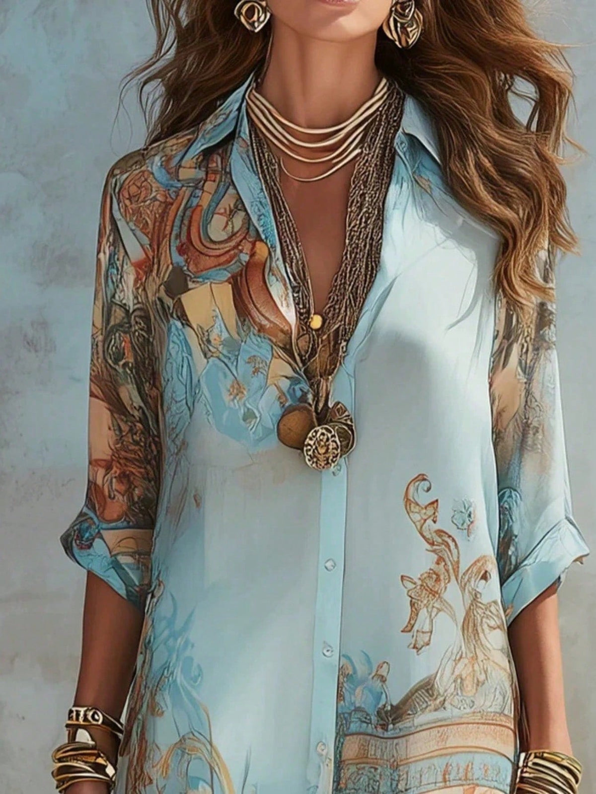 Women's Retro Scroll Print Chiffon Shirt Maxi Dress, 3/4 Sleeve Button Front Loose Vacation Long Dress, Elegant Wedding Guest Beach Cover Up Dress